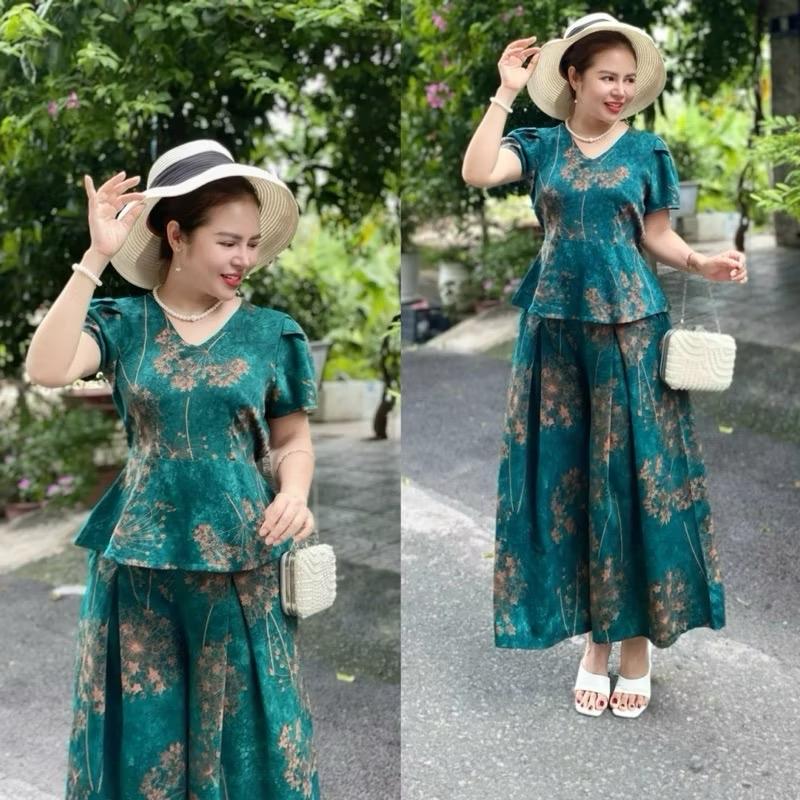 Ms29 Set Đồ bộ trung niên cho mẹ, áo có cổ, quần ống rộng, quần giả váy, chất lụa nhập CC dobomela