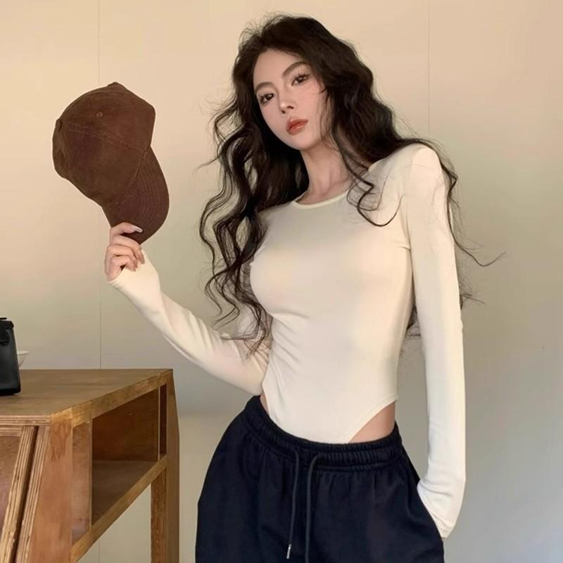 Yoohui ZZ104 Longsleeve Bodysuit Crop Top Lengan Panjang Wanita Baju Crop Wanita Korean Style Atasan Wanita Basic Leher Wanita Flute Sleeve Polos Kaos Baju Atasan Wanita Long Sleeve Atasan Rajutan Slim Fit Top 2
