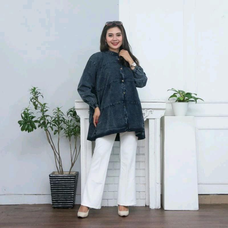 Atasan Kemeja Jeans Babydoll Susun // Kemeja Wanita Babydoll Oversize Kekinian 2