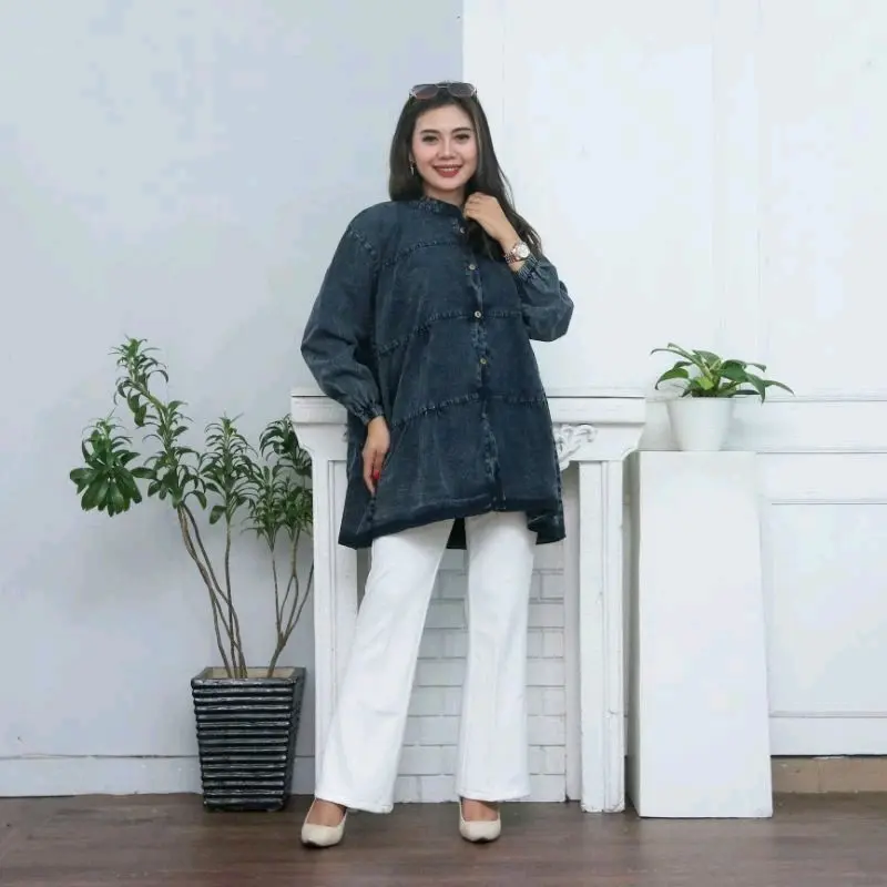 Atasan Kemeja Jeans Babydoll Susun // Kemeja Wanita Babydoll Oversize Kekinian 2