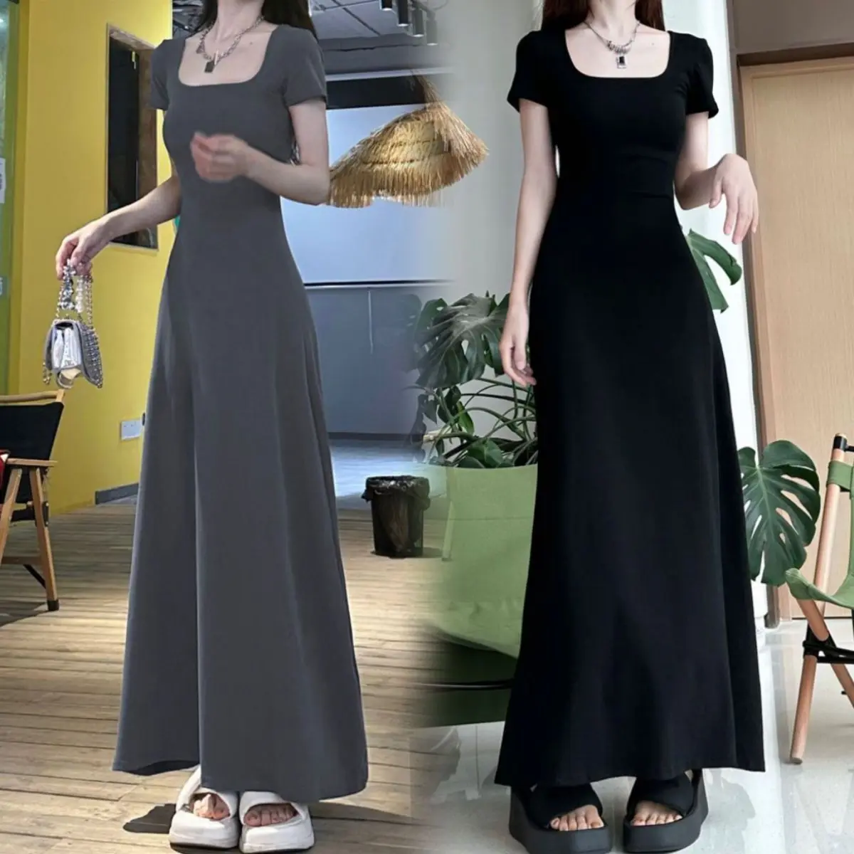 Simple Summer Dress Slimming Short Sleeve Temperament Long Dress Women 2024 New Slim French Cinched Swing Dress Fashion Casual Womenswear Lingerie Comfort Fitted Basic Minimalist