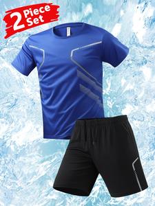 Two-Piece Set Men's Round Neck Ice Silk Tee & Drawstring Waist Shorts Set, Breathable Quick Drying Short Sleeve T-Shirt & Shorts, Casual Summer Clothes for Outdoor Sports