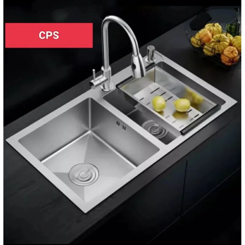 KITCHEN SINK 8245 STAINLESS/BAK CUCI PIRING TEBAL MURAH 2 LUBANG Kran Wastafel