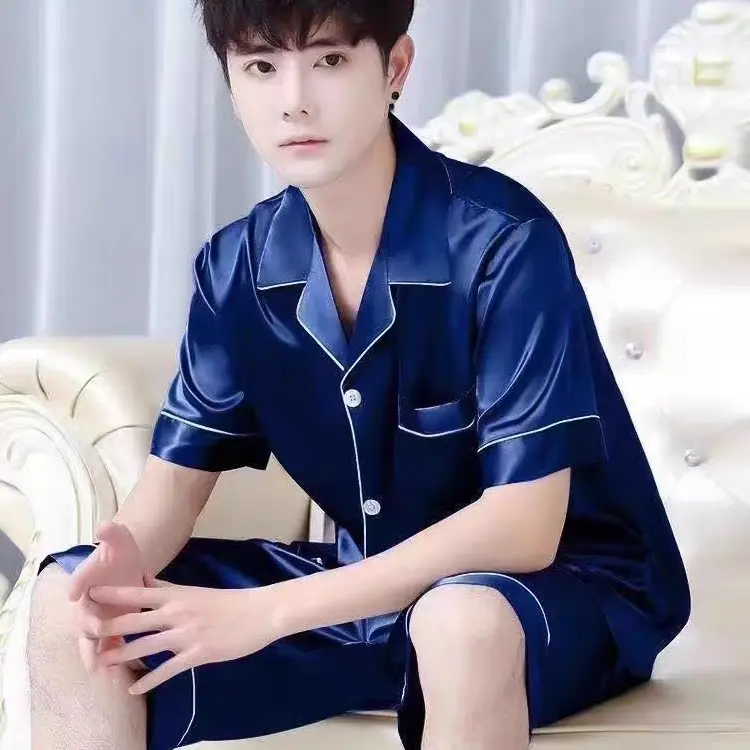 Bộ Đồ Ngủ Cho Nam, Chất Liệu Lụa Lạnh Mùa Hè, ngắn Tay, Phong Cách Trẻ Trung, Mỏng Vừa Vặn, Màu Trơn Thích Hợp Cho Mùa Xuân Và Mùa Thu, Ngoại Cỡ, Bộ Đồ Mặc Nhà Áo Menswear