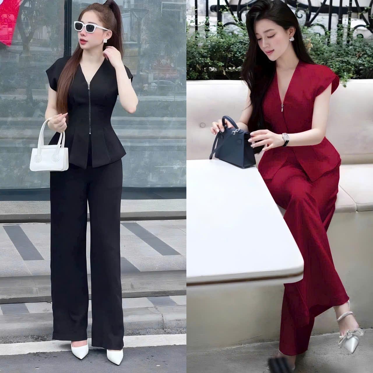 Set Quần Áo Dây Kéo Cổ Tim Vải Cotton Lạnh 40 - 95Kg Có Bigsize Nữ Top Women Xoè - B.1459