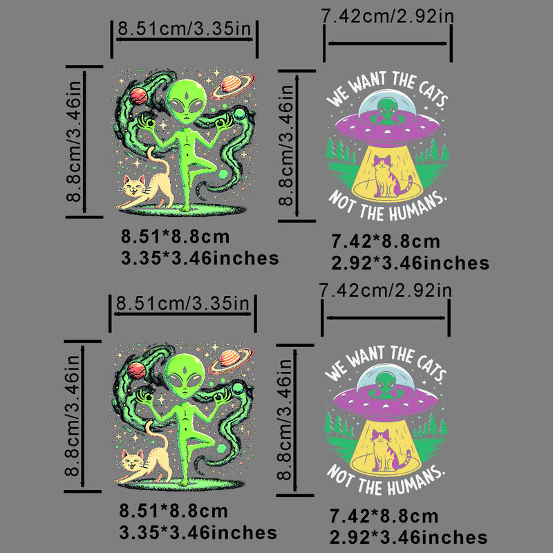 Alien & Cat Pattern Heat Transfer Sticker, 2/4 Counts Cartoon Animal Pattern Heat Transfer Sticker, DIY T-shirt, Jeans, Backpack, Handbag, Pillowcase and Vintage Baseball Cap 3