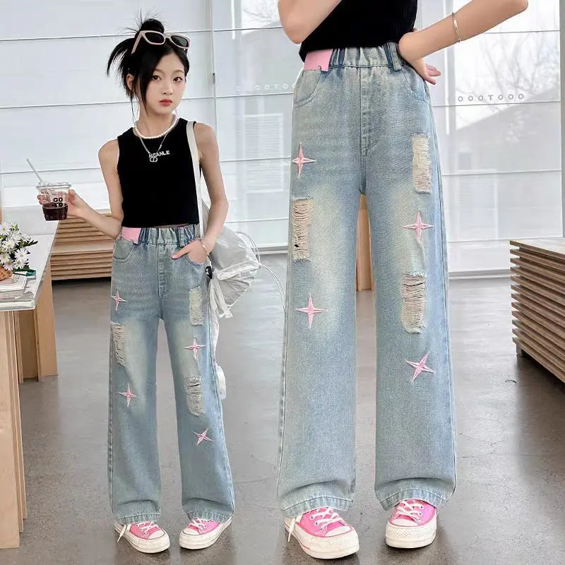 Quần Jean Xuông Slime + Xuông Sao Hồng  Cho Bé Gái Phong Cách Đường Phố