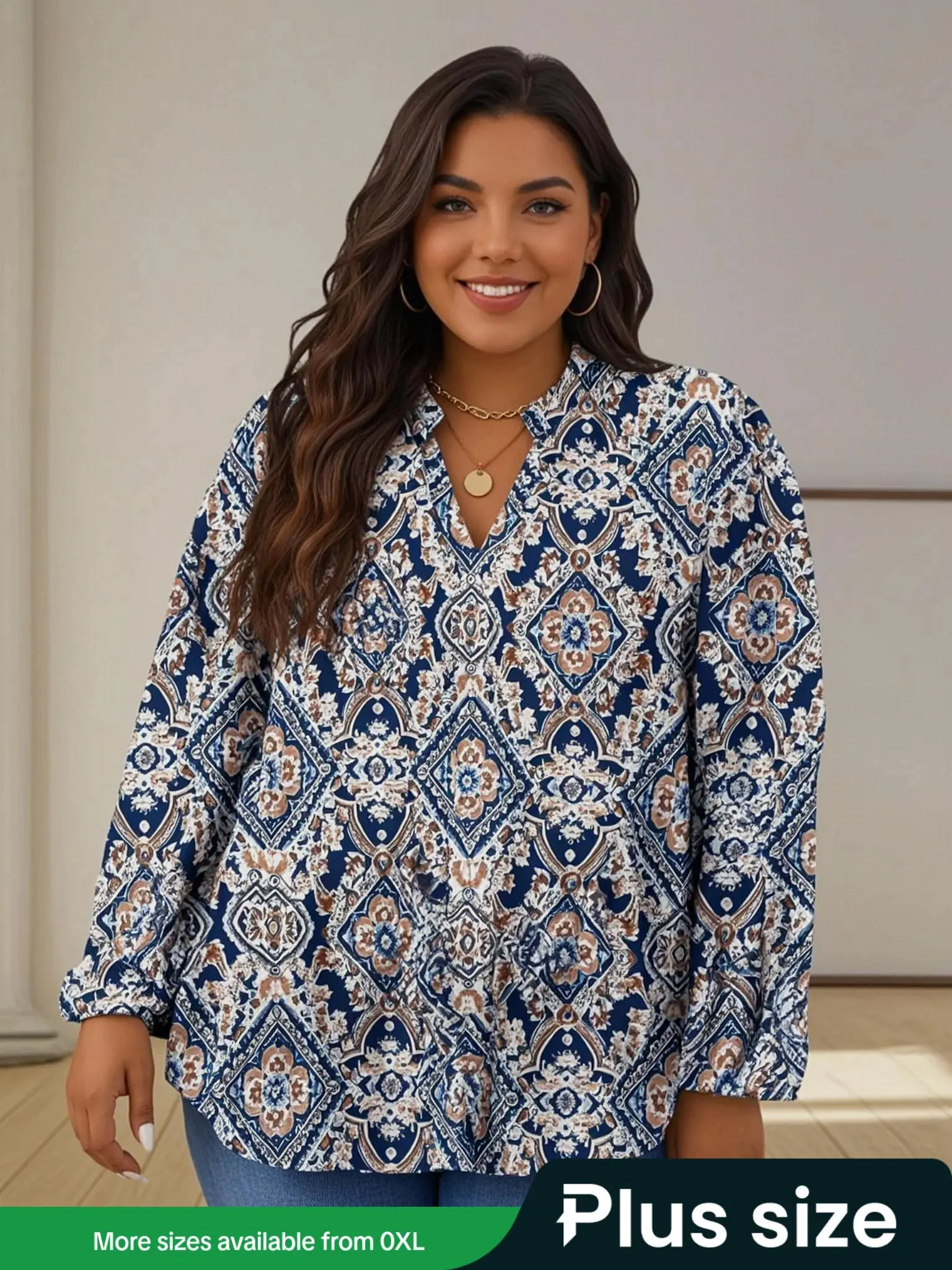 【Plus Size】 All Over Print V Neck Shirt, Boho Casual Long Sleeve Top for Daily Holiday Vacation Wear, Women Plus Clothing for All Seasons, Womenswear