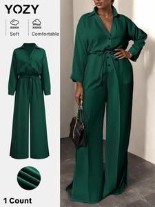 YOZY Women's Solid Color Tie Waist Jumpsuit, Casual Comfy Modest Wide Leg Jumpsuit for Daily Wear, Ladies Clothes for All Seasons