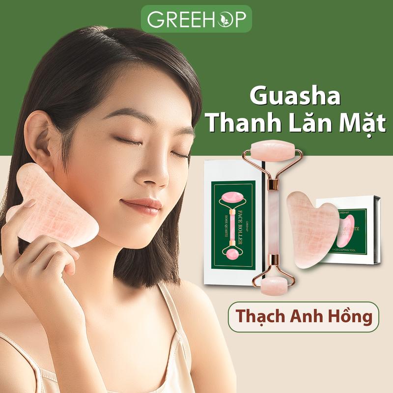 Bộ đá guasha, cây lăn massage mặt từ thạch anh hồng tự nhiên