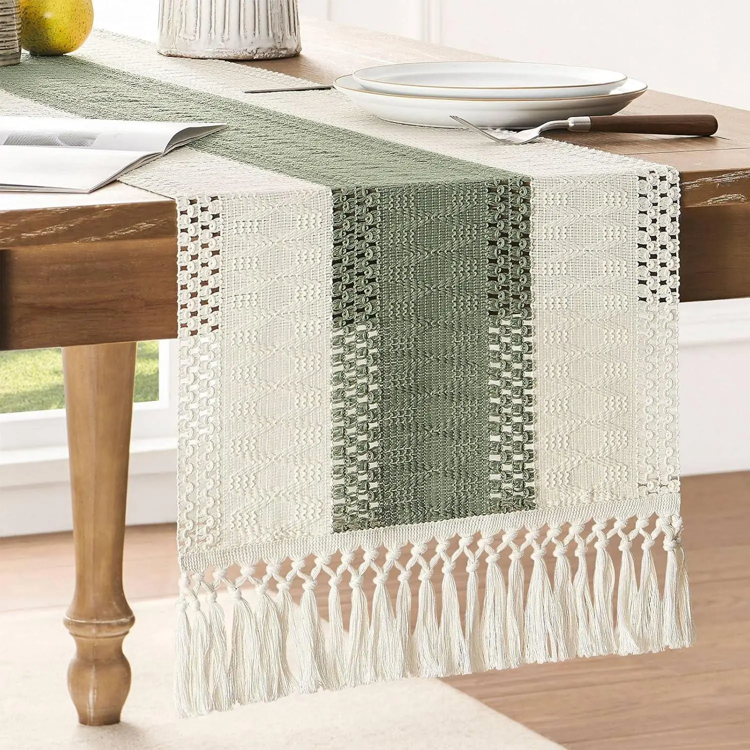 Boho Style Table Runner, 1 Count Tassel Decor Tablecloth, Table Decoration Supplies for Home Kitchen Dining Room