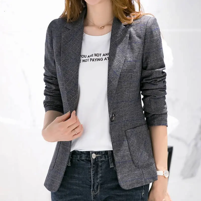 Áo khoác blazer kẻ sọc nữ plus size S-4XL, thời trang xuân thu, giản dị, thanh lịch, mỏng manh, bộ đồ công sở, áo khoác, áo khoác ngoài, Xanh Biển màu xám