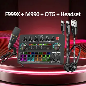 Bonkyo F999X Sound Card 5V LED Touchscreen Efek Terbaru untuk Penyanyi TikTok & Streamer Live dengan M990 Mikrofon & Headset 3.5mm - Laptop