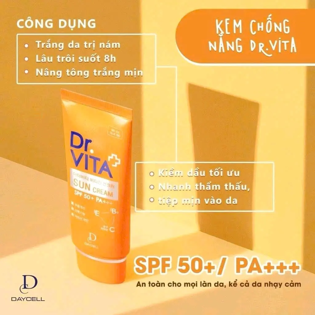 CHỐNG NẮNG TỐI ƯU - NÂNG TONE CỰC ĐỈNH    Chọn kem chống nắng vật lý Dr.Vita tập đoàn Daycell Hàn Quốc  TUÝP 50GR    Hè này các chị yêu mong chờ điều gì ở một sản phẩm Kem Chống Nắng️️  Có phải là:  ️ Nhẹ mặt  ️ Chống lão hoá  ️ Dưỡng trắng da  ️ Nâng tôn