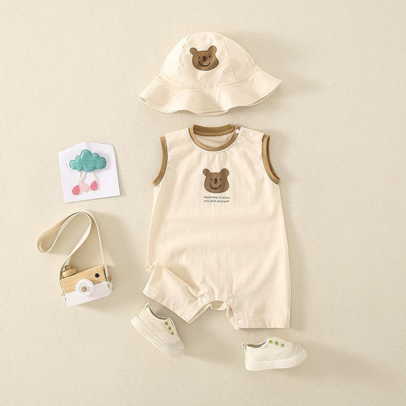 Áo liền quần Body đùi sát nách kèm nón vải cotton Bodysuit liền thân cho bé sơ sinh bé trai bé gái mặc mùa hè SLH155