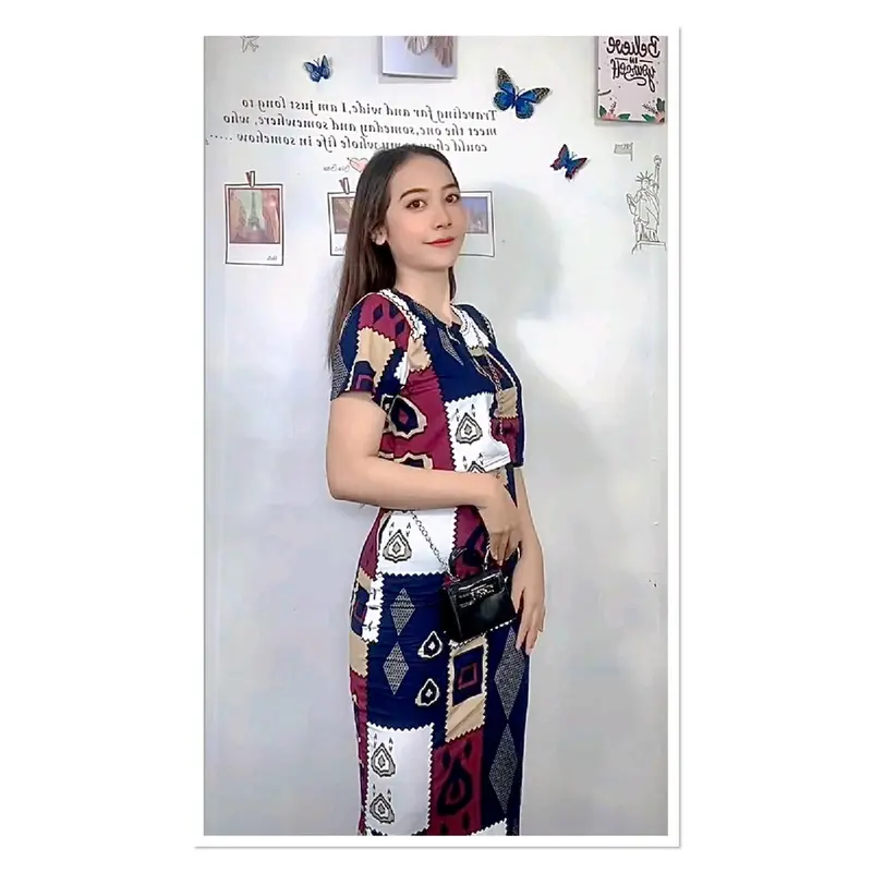 One set atasan Crop top dan rok Span motif Etnik Karet Panjang Printing Rayon Setelan Lengan pendek Lengan pendek 3