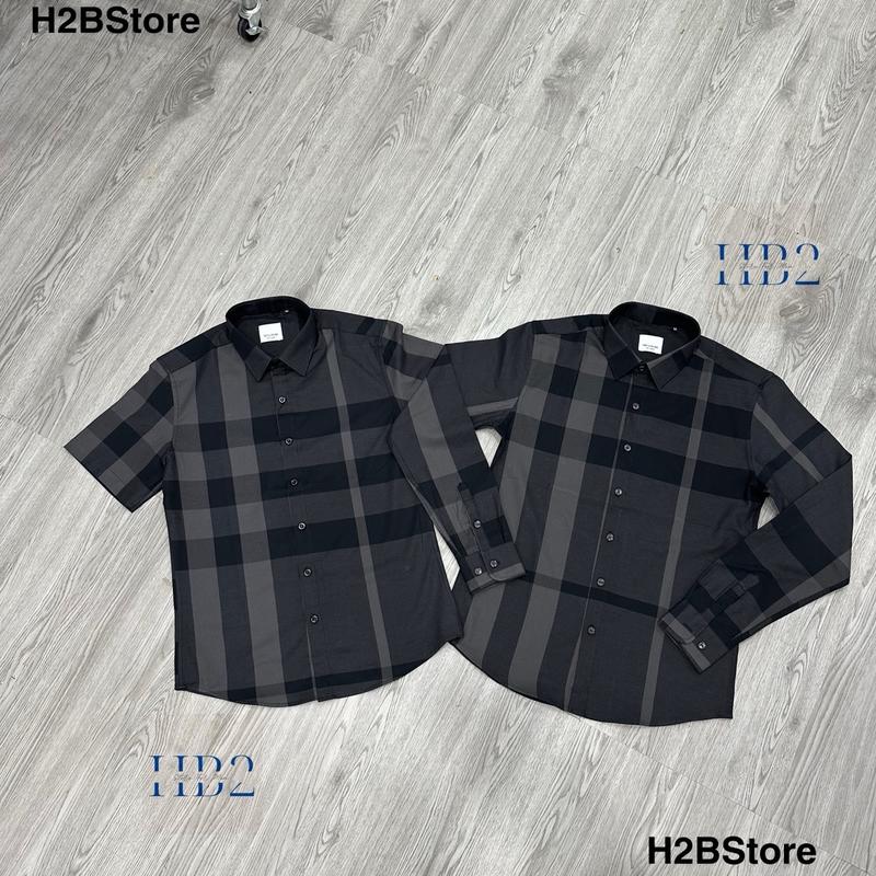 Áo Sơ Mi Caro sọc Màu Đen Cotton Thô Nam Menswear Ngắn Tay Cổ Tròn Shirt Có Cổ