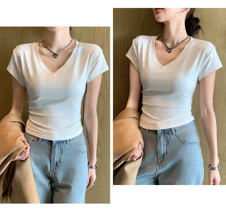 Product Introduction of Summer New Slim Fit V-Neck Short Sleeve T-Shirt for Women, Versatile Waist-Cinching Slimming High-End Top, Niche Style 18