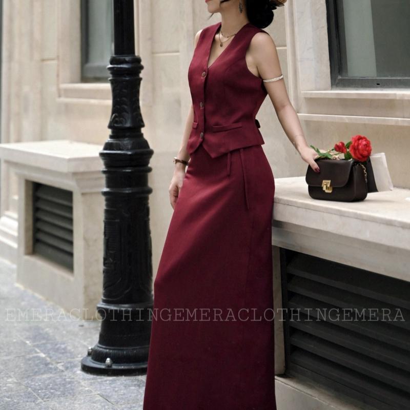 Set thiết kế váy áo Amelia Đỏ Đô- áo croptop gile và chân váy dáng dài sang chảnh, thời thượng Nữ Women Kem Kaki vay