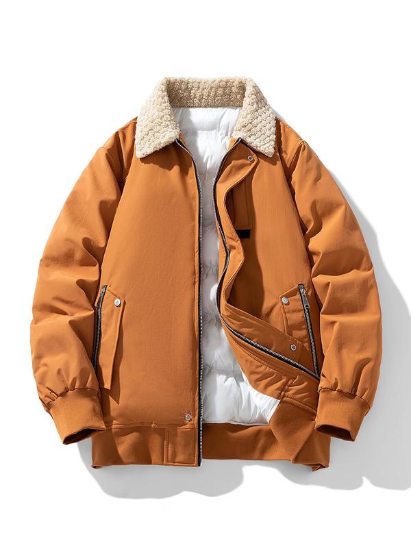 Men's Solid Color Zipper Pocket Design Jacket, Loose Casual Long Sleeve Outerwear for Fall & Winter, Men's Clothes for Daily Wear 2