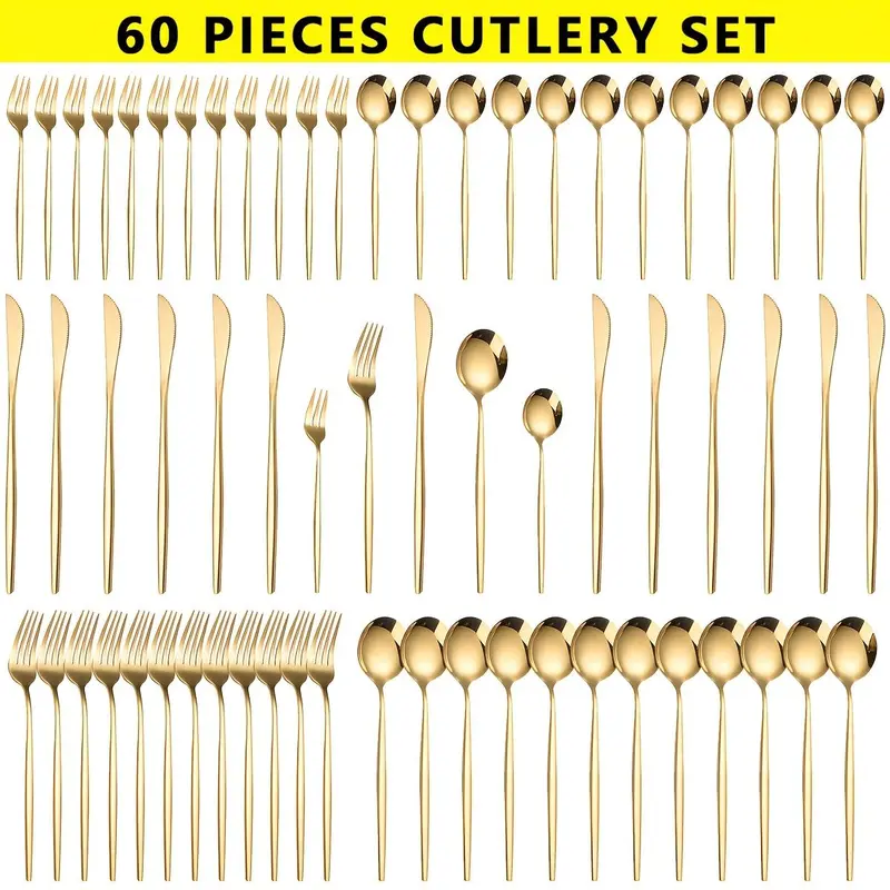 Stainless Steel Cutlery Utensils Set, 60pcs/set Including Knives, Forks & Spoons, Mirror Polished Flatware Set for Parties, Banquets & Restaurants, Kitchen Dinnerware 2