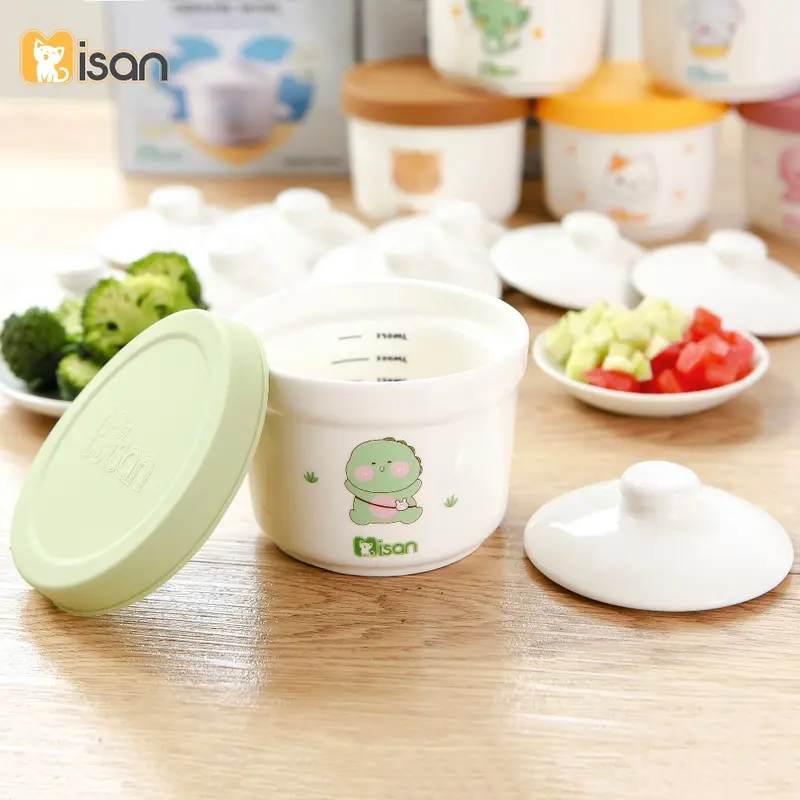 Bát ăn dặm cho bé chia vạch 250ml kèm 2 nắp đậy sứ và silicon chịu nhiệt, hũ sứ ăn dặm Hàn Quốc MISAN Luvamo Kem Voi 6
