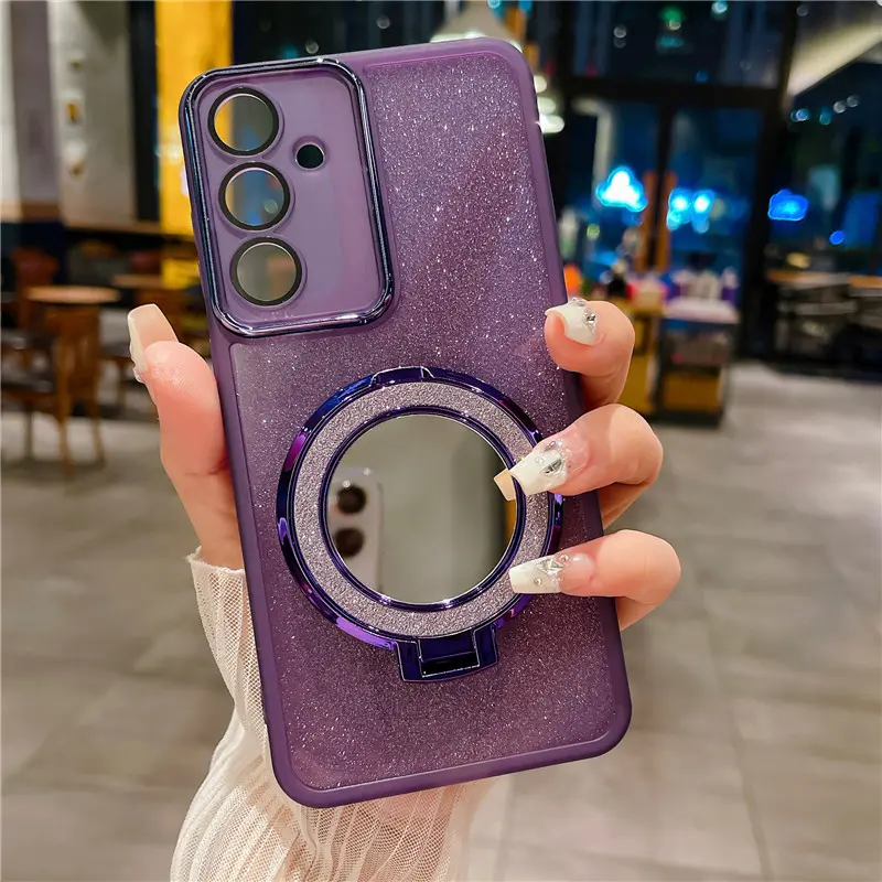Phone Case for Samsung Galaxy A55 5G A35 A25 A15 A05S A05 A54 A24 A34 A14 A04S M54 M34 M15 5G 4G New Fashion Glitter Suction Bracket Ring Mirror Makeup Holder Silicone Transparent Lens Film Back Cover