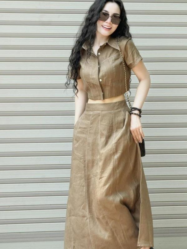 Sét Áo Ngắn Tay Áo Cộc Tay Croptop Kèm Chân Váy nữ Linen Dài Qua Gối Váy Dáng Suông  nữ,Đi Biển Đi Chơi Du Lịch S123 sétđồ setáocroptoptayphồng full set đồ sétáosơmikèmquầnốngrộng haanh. vay thietke  sang trọng váy thường mặc   hàn quốc Women Kem