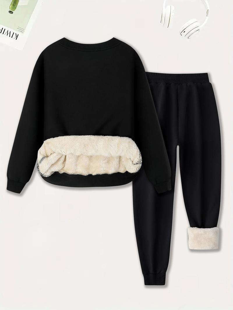 Product Introduction of Women's Plain Plush Lined Sweatshirt & Drawstring Waist Sweatpants Two-piece Set, Casual Round Neck Long Sleeve Pullover & Pocket Jogger Pants Co-ords Set, Women's  Tummy Flattering Two-piece Outfits for Winter 13