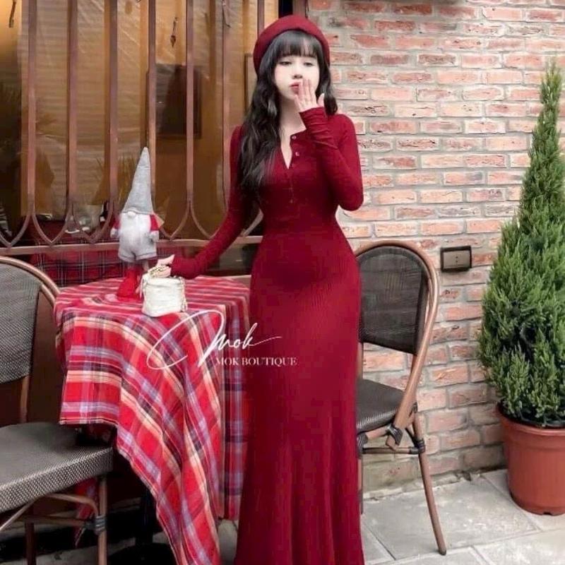 Đầm thun gân đũa tay dài đính nút đủ màu 6