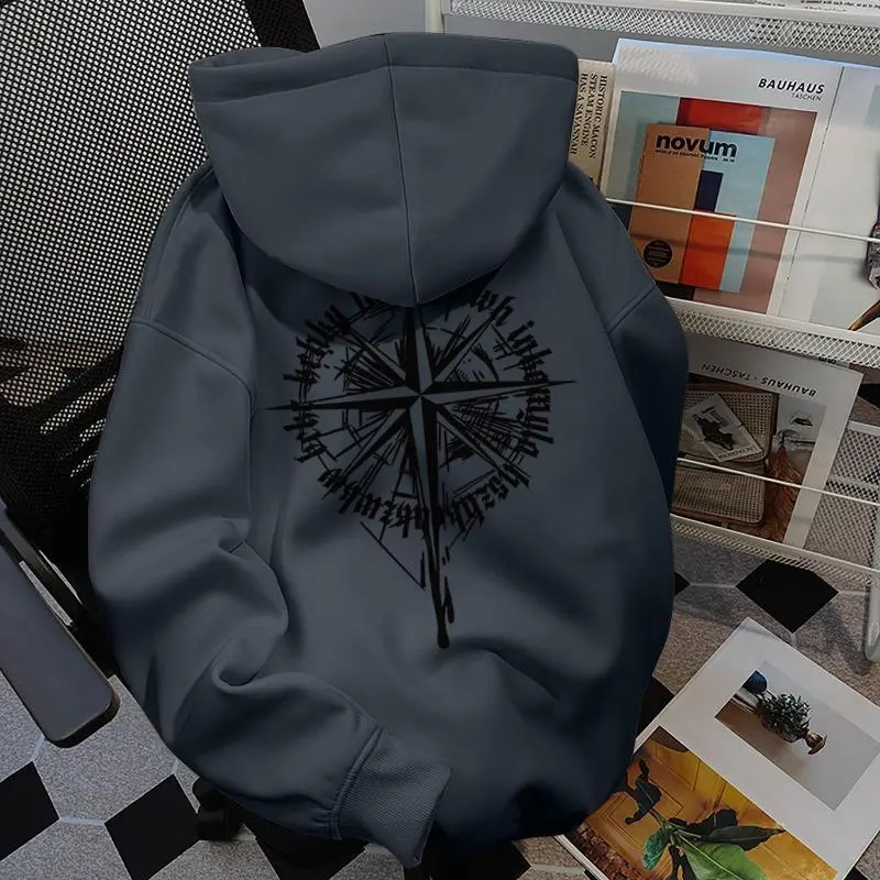 Vintage Hoodie, Casual Style, 100% Cotton, Compass Print, Oversized, Unisex, Stylish, High Quality, Men's Clothing, Stylish and Comfortable, 001