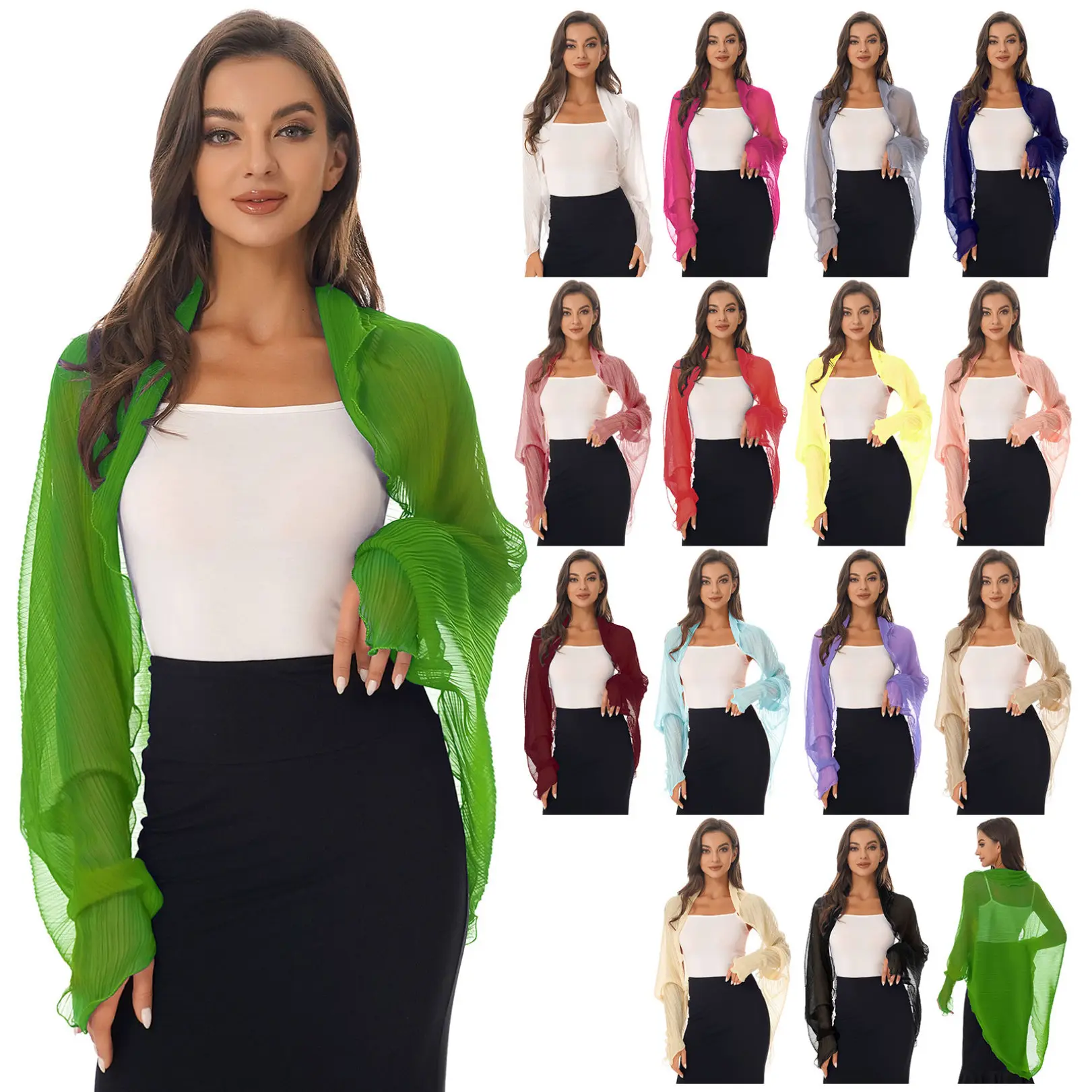 FEESHOW Women's Chiffon Summer Sun Protection Blouses Pleated Shawl Scarf Shrug Cover Ups Driving Sleeves Beachwear