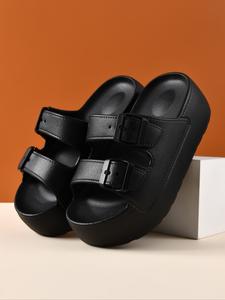 幅広な足に適したプラットフォームサンダル、ファッション性のある6.5cmのヒール、快適な夏・秋のデイリーシューズ