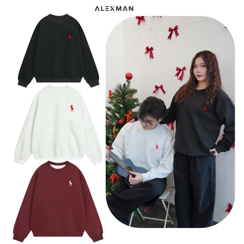 Áo Sweater NỈ 2 Da cổ tròn COTTON ALEXMAN ( KHÔNG XÙ LÔNG ) BST Tết 2025 thêu ngựa kiem nam nữ cotton Unisex Local Brand Menswear