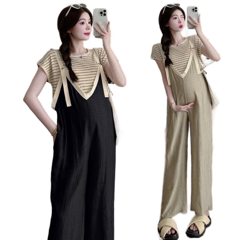 Sét suông sét bầu thiết kế QUẦN DÀI YẾM KÈM ÁO KẺ xinh xắn tiện lợi, dây quần có nút cài cúc điều chỉnh cao thấp tiện lợi ống rộng sang chảnh SQ3 Váy Bầu