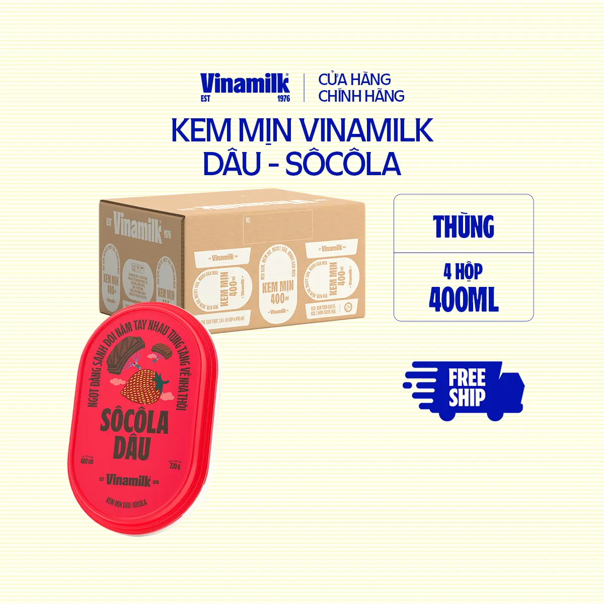 [CHỈ GIAO THÀNH PHỐ LỚN BÁN KÍNH 10KM] Thùng 4 hộp Kem mịn Dâu Socola hộp 400ml