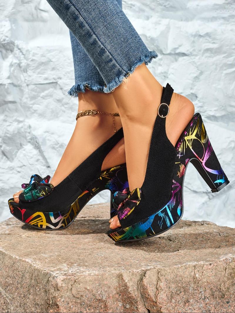 Product Introduction of Women's Fashionable Bow Decor Peep Toe High Heel Sandals, Casual Comfortable Platform Sandals for Daily Wear, Female All-match Retro Shoes for Women & Girls 6