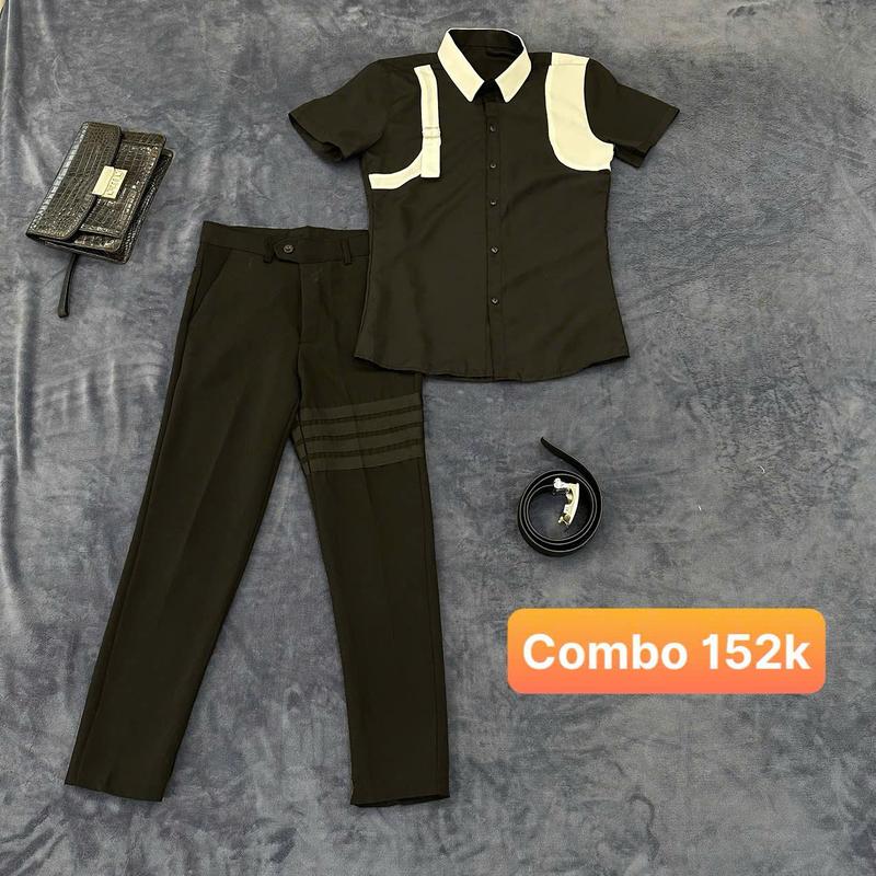 Sét Quần âu 4 xọc đen+áo sơ mi đen phong cách boy phố phù hợp với học sinh,sinh viên giá = 3 bát phở