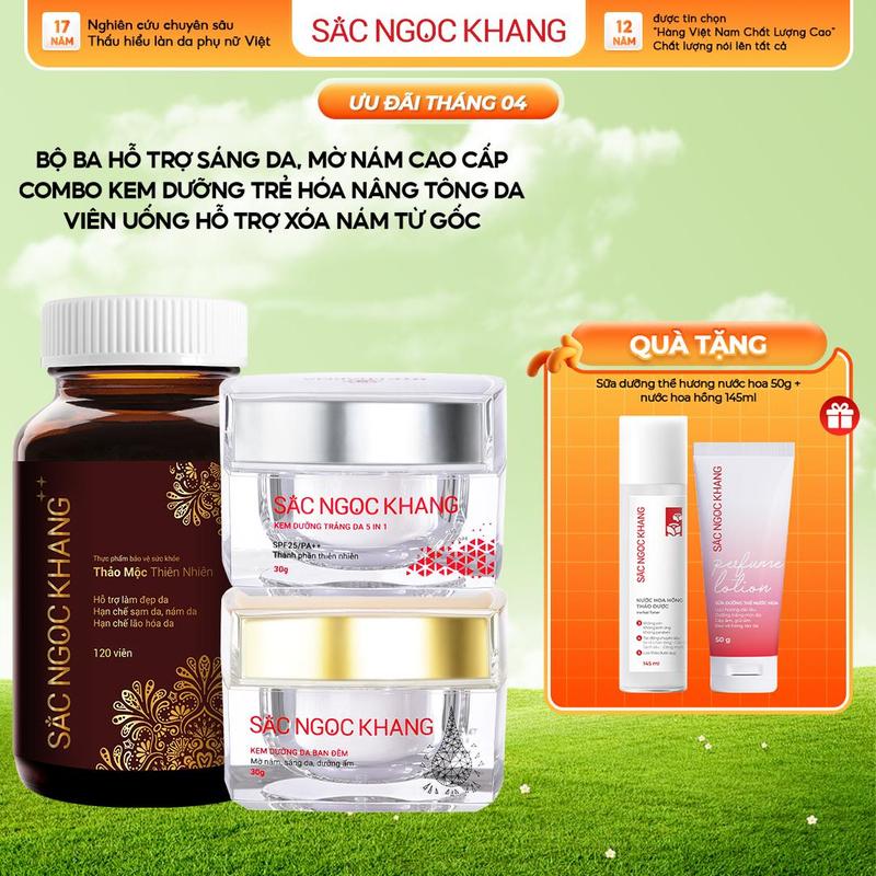 COMBO Hỗ Trợ Mờ Nám Dưỡng Sáng Da: Kem Ngày Đêm 30G & Viên Uống Hỗ Trợ Nám Sạm Tàn Nhang SẮC NGỌC KHANG ++ 120 viên