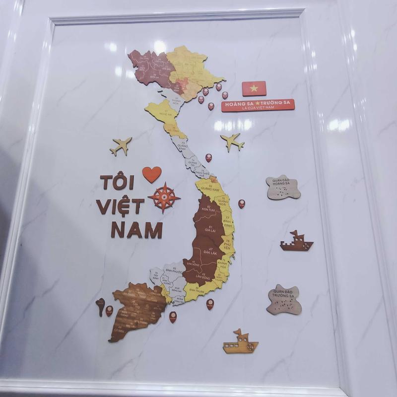 Bản đồ gỗ Việt Nam (Size 60, 1m, 1.5m) bản có đầu biển số 63 tỉnh thành , lắp ghép dán tường , decor tráng trí.