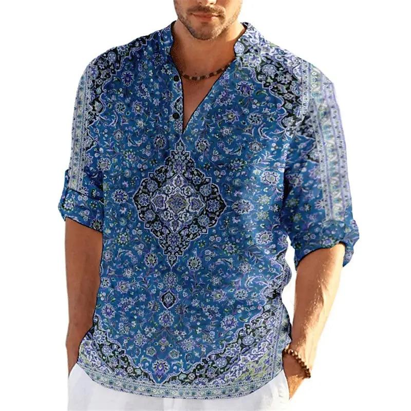 Product Introduction of Áo Sơ Mi Henley Sang Trọng, In 3D Hoa Mùa Thu, Thời Trang Nam, Phong Cách Hoa Cổ Điển Cổ Chân Đế Áo Sơ Mi Dài Tay, Áo Cánh, Quần Áo Nam 3