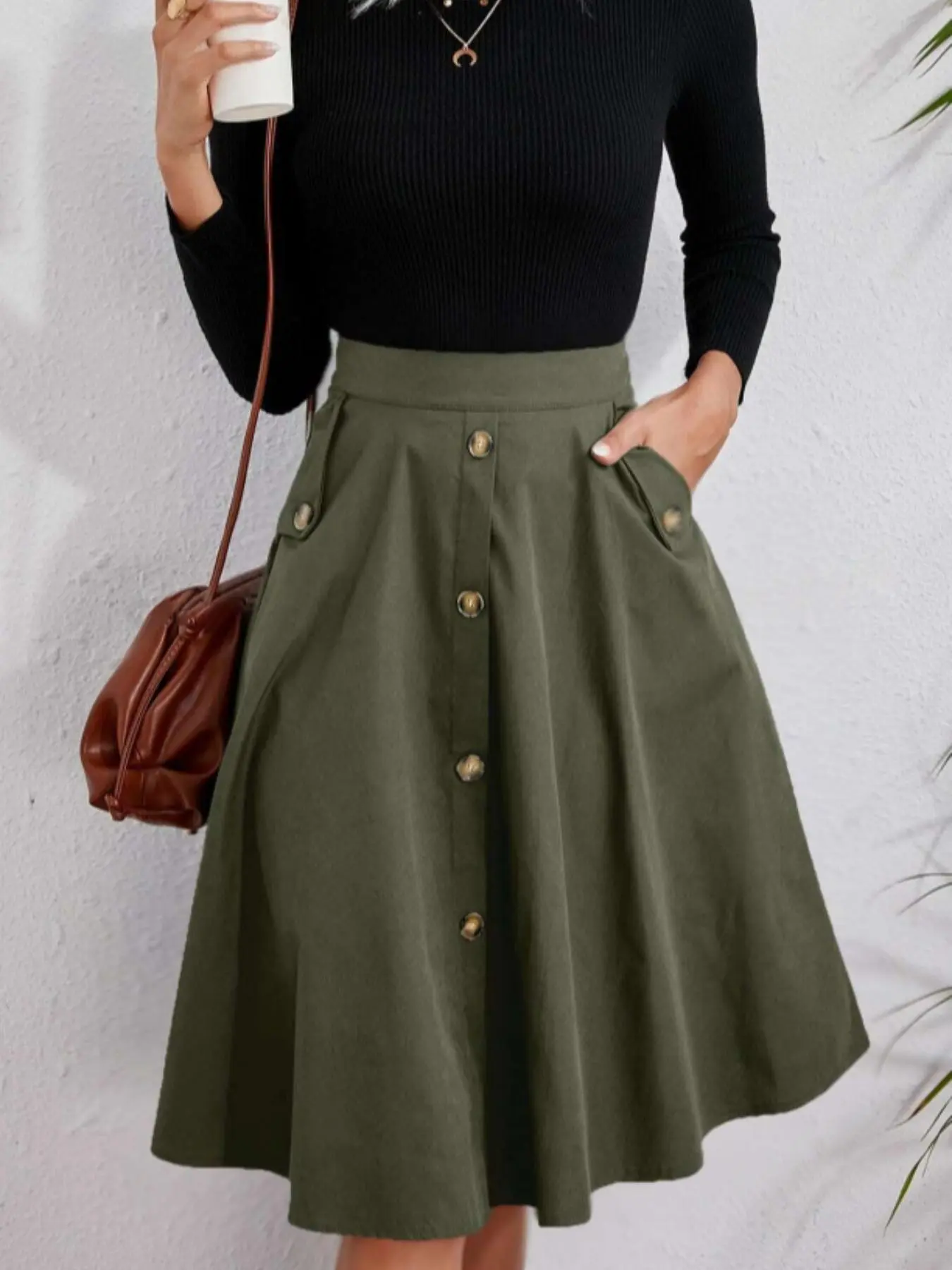 Women's Solid Fake Buttons Pocket A Line Skirt, Elegant High Waist Long Skirt for Work Office Business, Ladies Bottoms for All Seasons