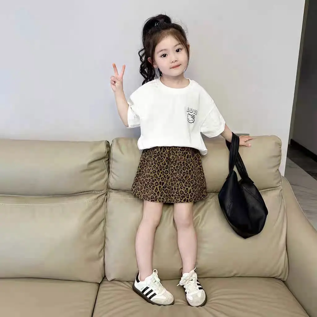 Summer Girls' Printed Leopard Korean Style Fashionable T-Shirt Set Cartoon Pattern Short Sleeve Top Two-Piece Set