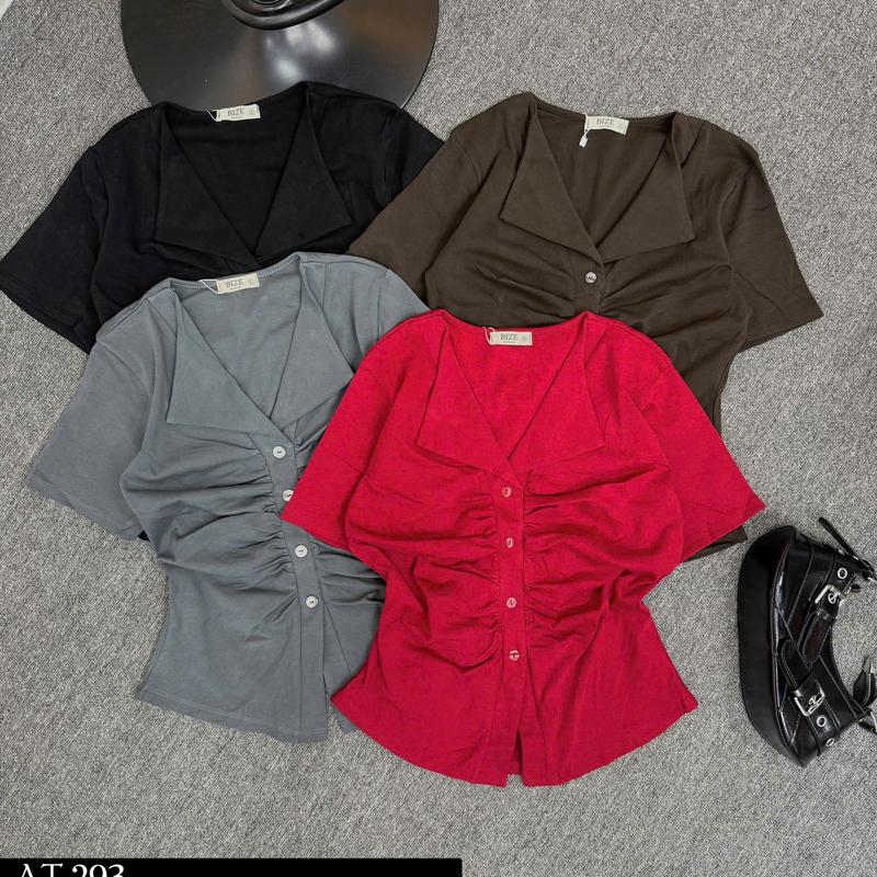 Ngọc Bích Bigsize Áo Thun Nhún Ngực Cổ Áo Kiểu Tay Ngắn 4 Màu Mã Số 293 Nữ Women