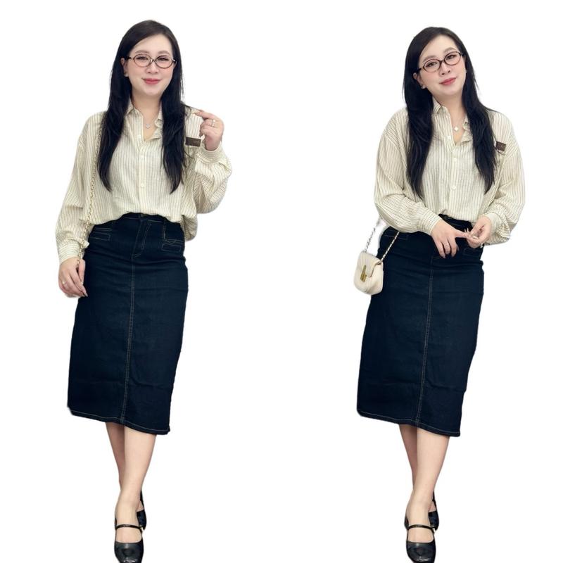  Chân váy bò xanh mới túi cơi bigsize  20806  Women Kem Khuy 