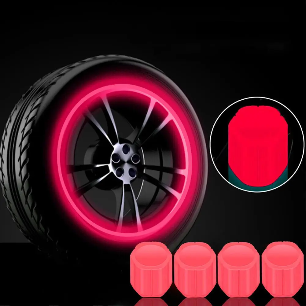 4pcs  Red Fluorescent Luminous Car Tire Valve Stem Covers