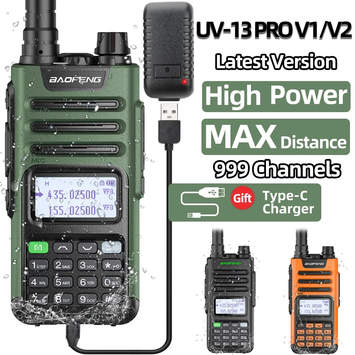 Walkie-talkie UV-13 PRO V1 V2, kuasa tinggi, jalur dwi, pengecas Jenis C, jarak jauh 16 KM, transceiver UV13, radio dua hala Ham Audio Amplifier