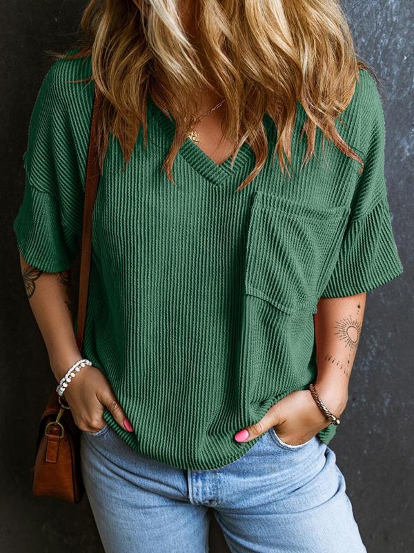Women's Plain Textured Pocket V Neck Tee, Casual Minimalist Drop Shoulder Half Sleeve T-shirt for Summer, Ladies Clothes for Daily Wear, Cute Tops, Cute Tops, Tshirt, Womenswear 8
