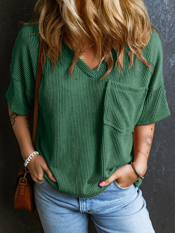 Women's Plain Textured Pocket V Neck Tee, Casual Minimalist Drop Shoulder Half Sleeve T-shirt for Summer, Ladies Clothes for Daily Wear, Cute Tops, Cute Tops, Tshirt, Womenswear 7