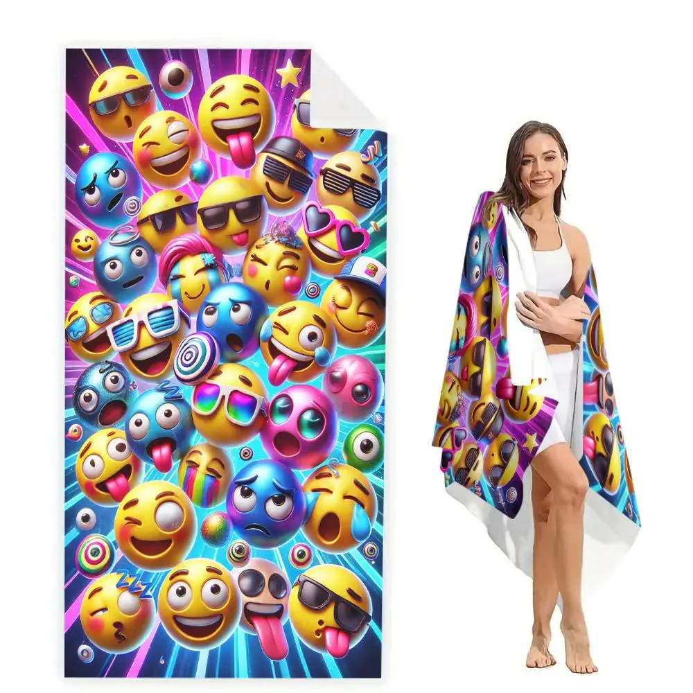 Emoji Expression Pattern Beach Towel, Soft Water Absorbent Towel, Quick Drying Towel for Pool, Swimming, Bathing, Travel and Camping